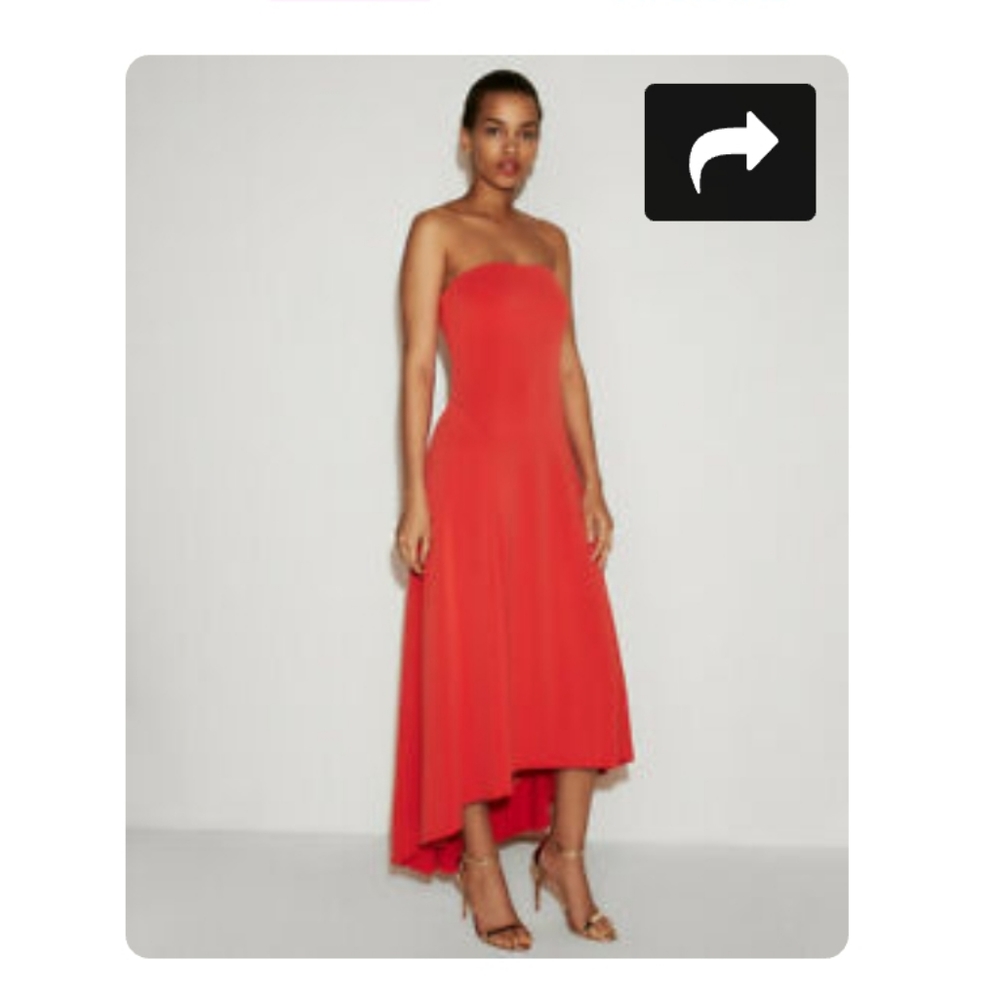 Express red stretch strapless hi low maxi midi